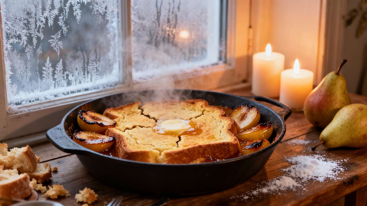 La recette ultra-réconfortante de pudding de brioche aux poires caramélisées