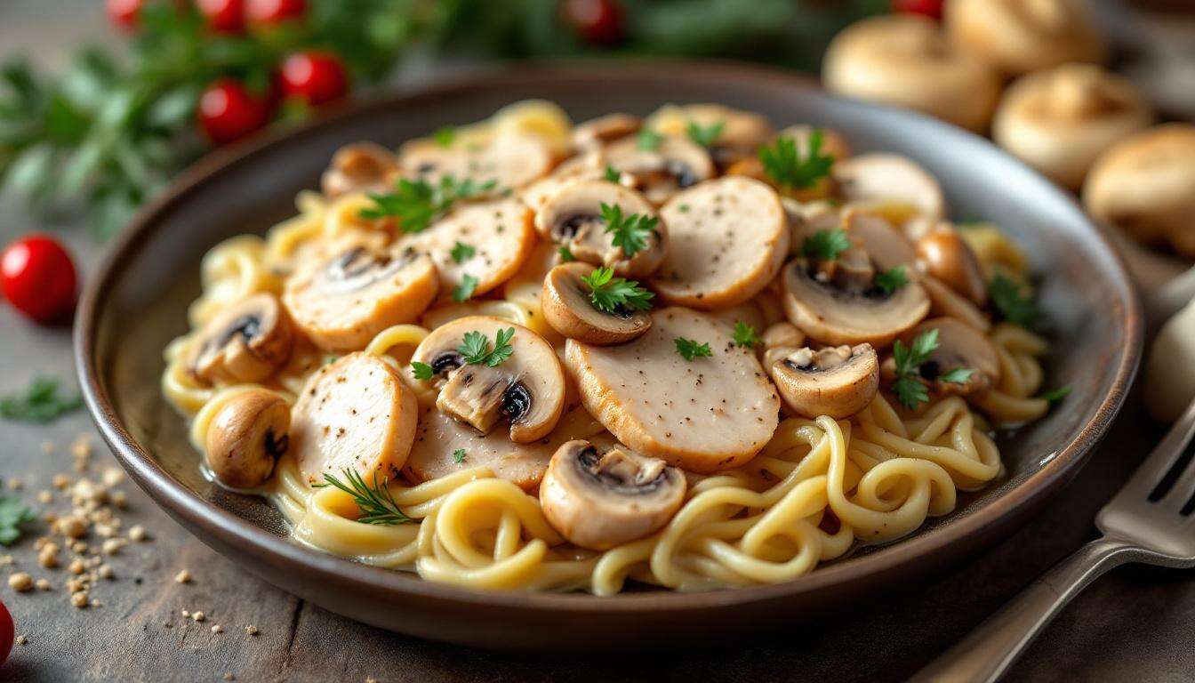 Ce plat crémeux dinde-champignons est l’alternative parfaite au chapon pour un dîner de Noël simple et savoureux