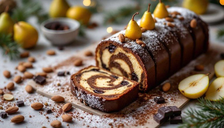 Bûche de Noël poire-chocolat : l’alliance parfaite entre douceur fruitée et fondant intense à partager en famille